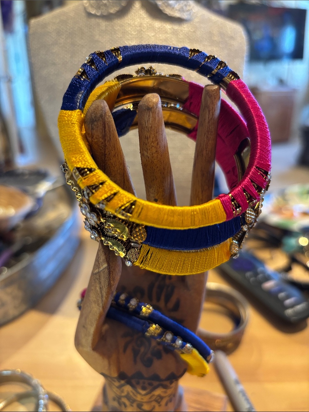 Colorblock Satin-Wrapped Bangle Bracelet Set - Yellow, Blue & Pink